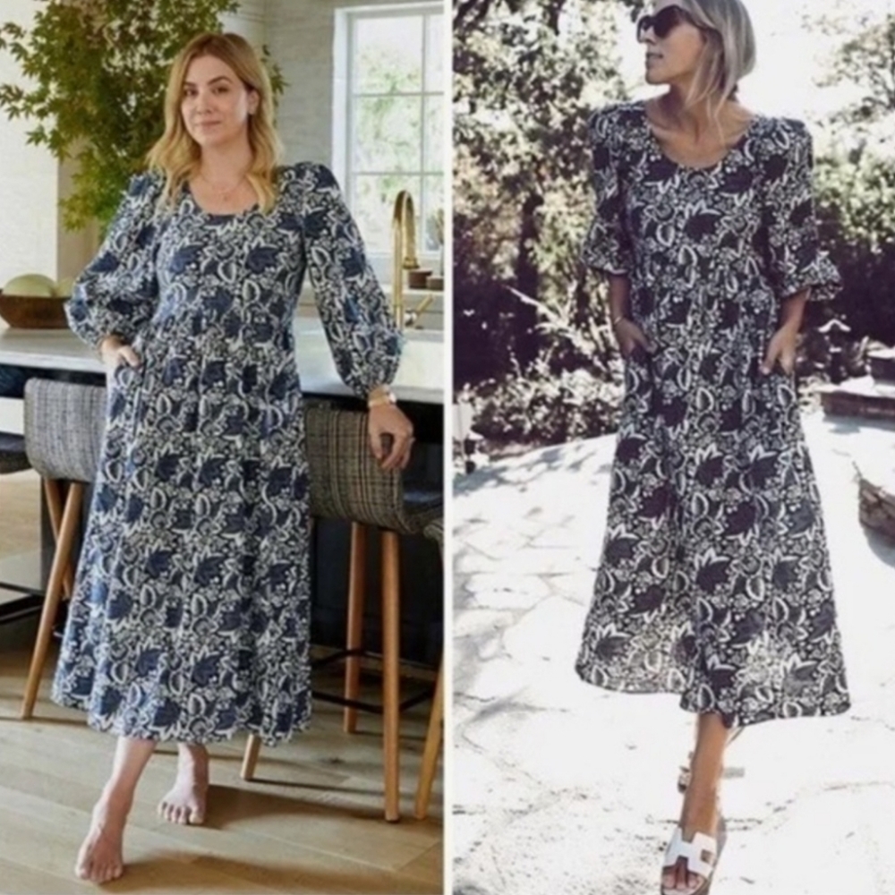 The Great. The Ravine Autumn Leaves Puff Sleeve Midi Dress Size 3/Large